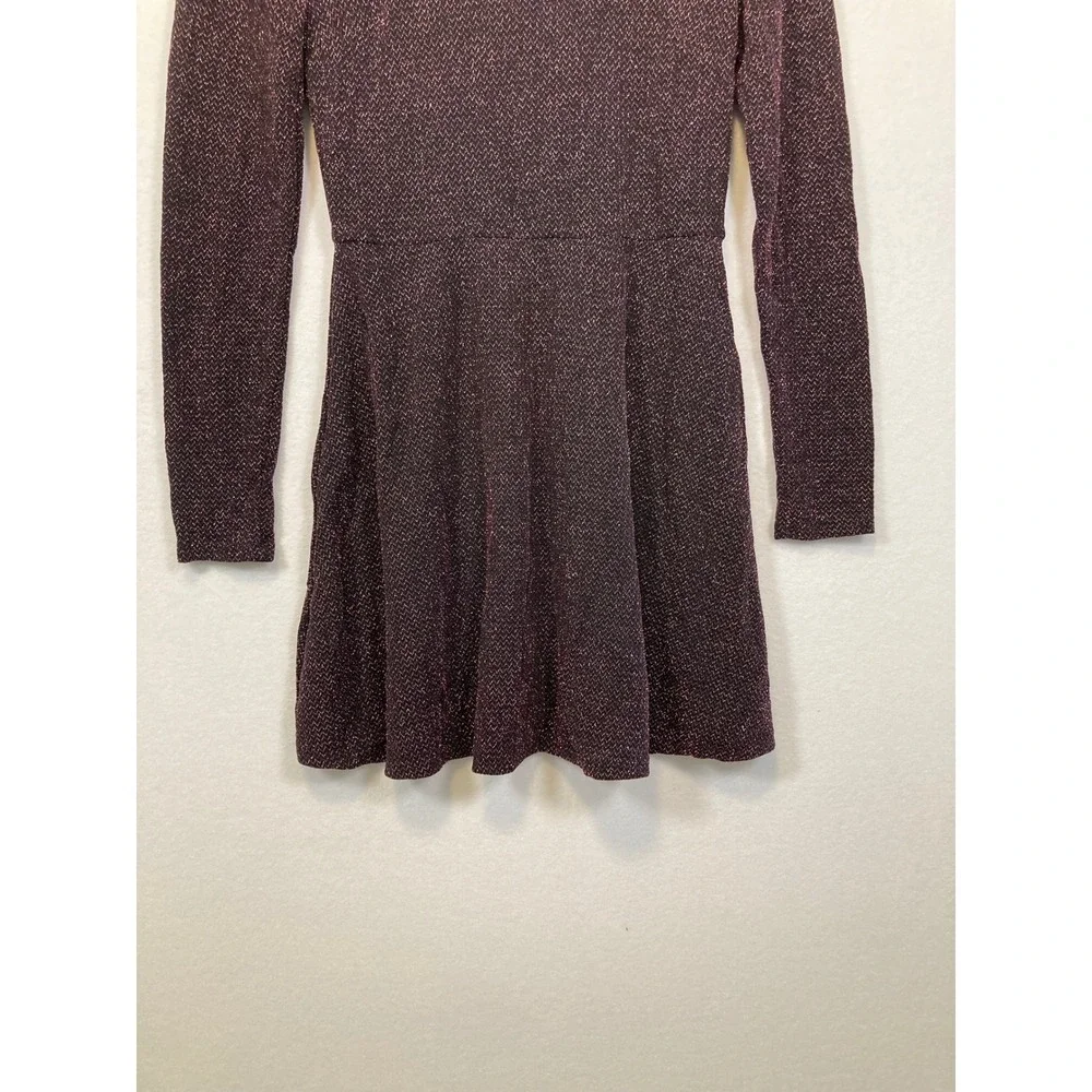Charlotte Russe‎ Womens Metallic Burgundy Skater Dress Long Sleeve V-Neck L